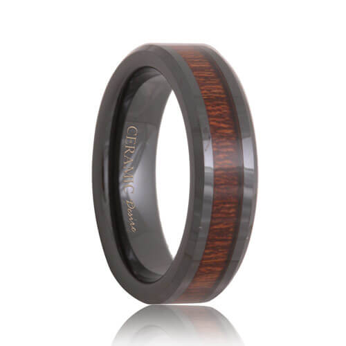 Black Ceramic Rose Wood Grain Inlay Wedding Ring