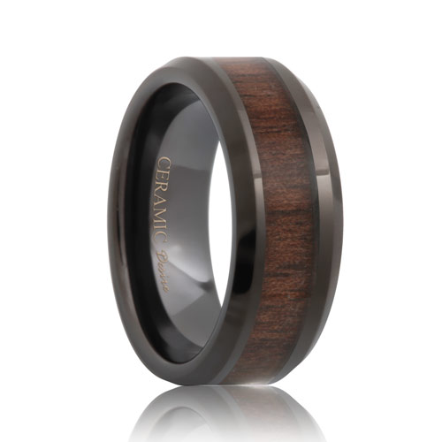 Ceramic Black Walnut Wood Inlay Ring (6mm - 8mm)