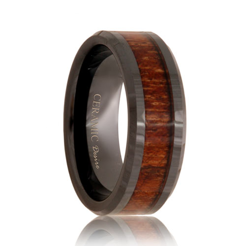 Black Ceramic Koa Wood Grain Inlay Ring (6mm - 8mm)