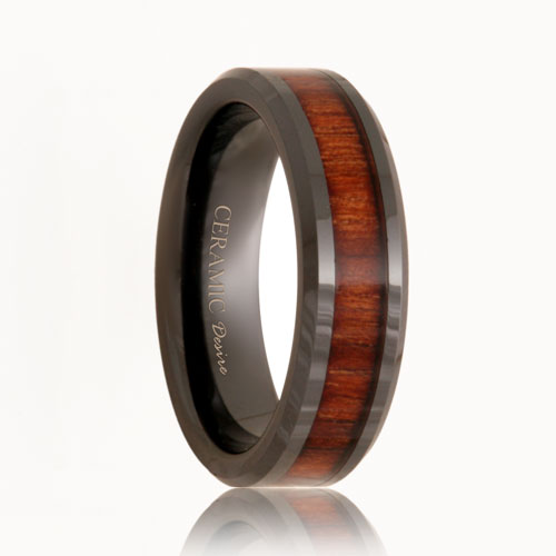 Polished Black Ceramic Koa Wood Grain Ring