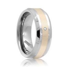 Beveled Diamond Solitaire Sterling Silver Inlaid 8mm Tungsten Carbide Ring