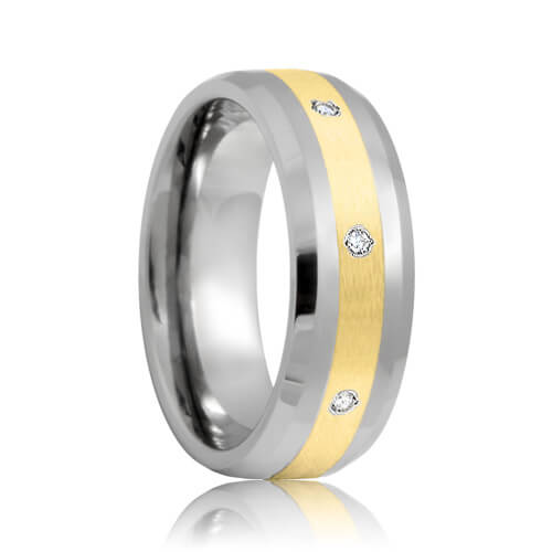 Independence - Beveled Diamond Set 8mm Tungsten Wedding Ring with Gold inlay