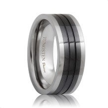 Flat Ceramic Inlay Two Tone Tungsten Ring with Grooves