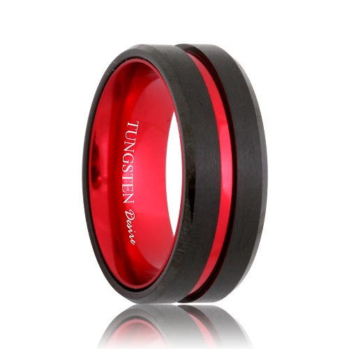 Black Tungsten Ring Men Brushed Wedding Band Comfort Fit Red Line 8MM Size 8 