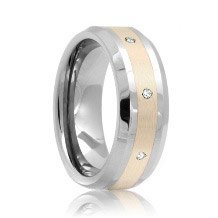 Beveled Diamond Set 8mm Tungsten Band with Sterling Silver Inlaid