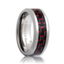 Red And Black Carbon Fiber Inlay Beveled Tungsten Wedding Ring (6mm - 8mm)