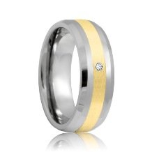 Beveled Diamond Solitaire Tungsten Carbide Wedding Ring with Gold Inlaid