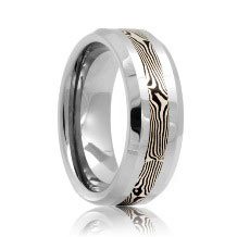 Beveled Wood Grain Mokume Inlaid Tungsten Wedding Ring (6mm - 8mm)