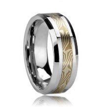 Beveled Wood Grain Style Tungsten Ring with Mokume Gane Inlay (6mm - 8mm)